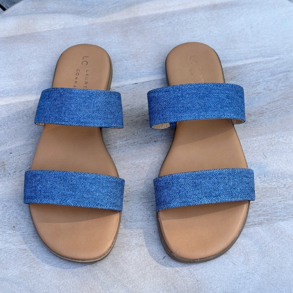 Lauren Conrad LC Womens Slide Sandals Size 8 Blue Denim Double Strap Flat Slides - Picture 12 of 13